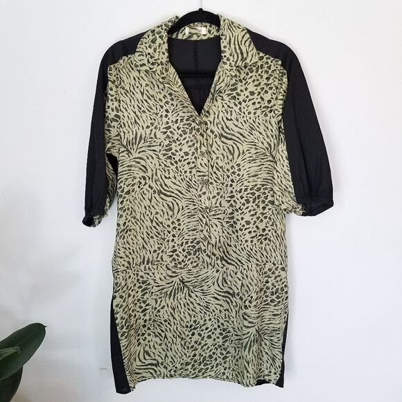Cache Vintage 100% Silk Animal Print 1/2 Sleeve Long Line Tunic Top Blouse - Picture 1 of 9